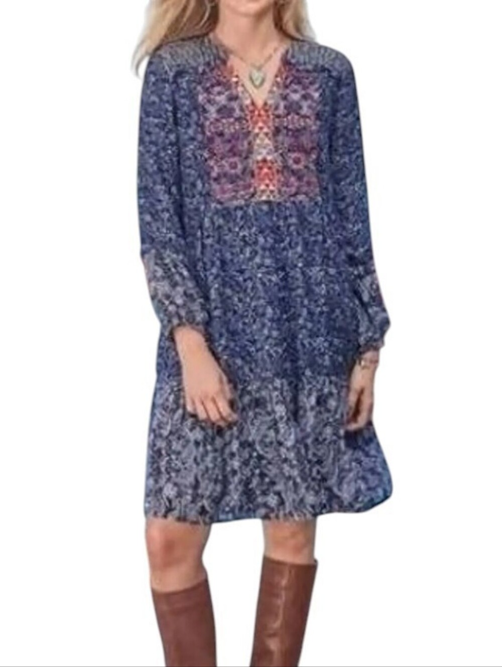 SUNDANCE Dress Size PL Blue Floral Long Sleeve Embroidered Boho